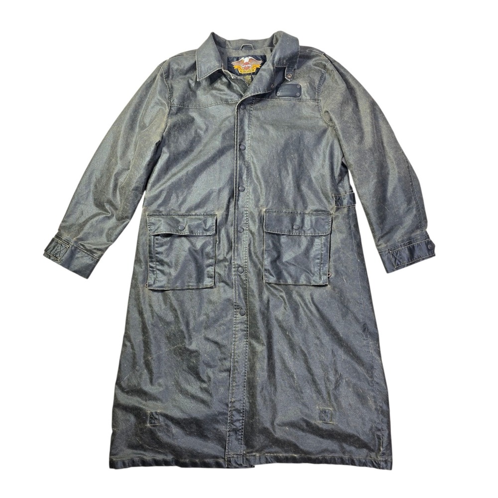 Harley Davidson Waxed Duster Trench Coat Brown Distressed‎ Long 2003 Size XL
